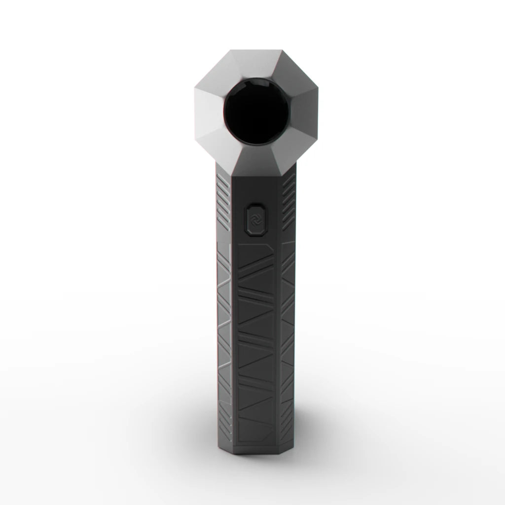 A handheld black blower with a geometric pattern on its body and a single button on the front.