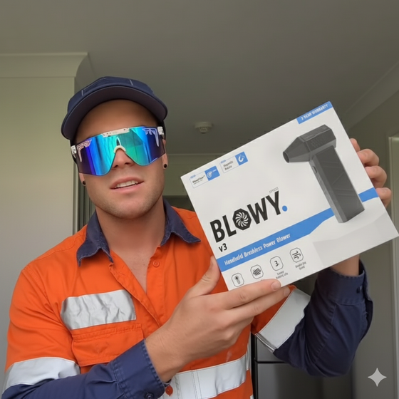 reviewer with blowy v3 power blower
